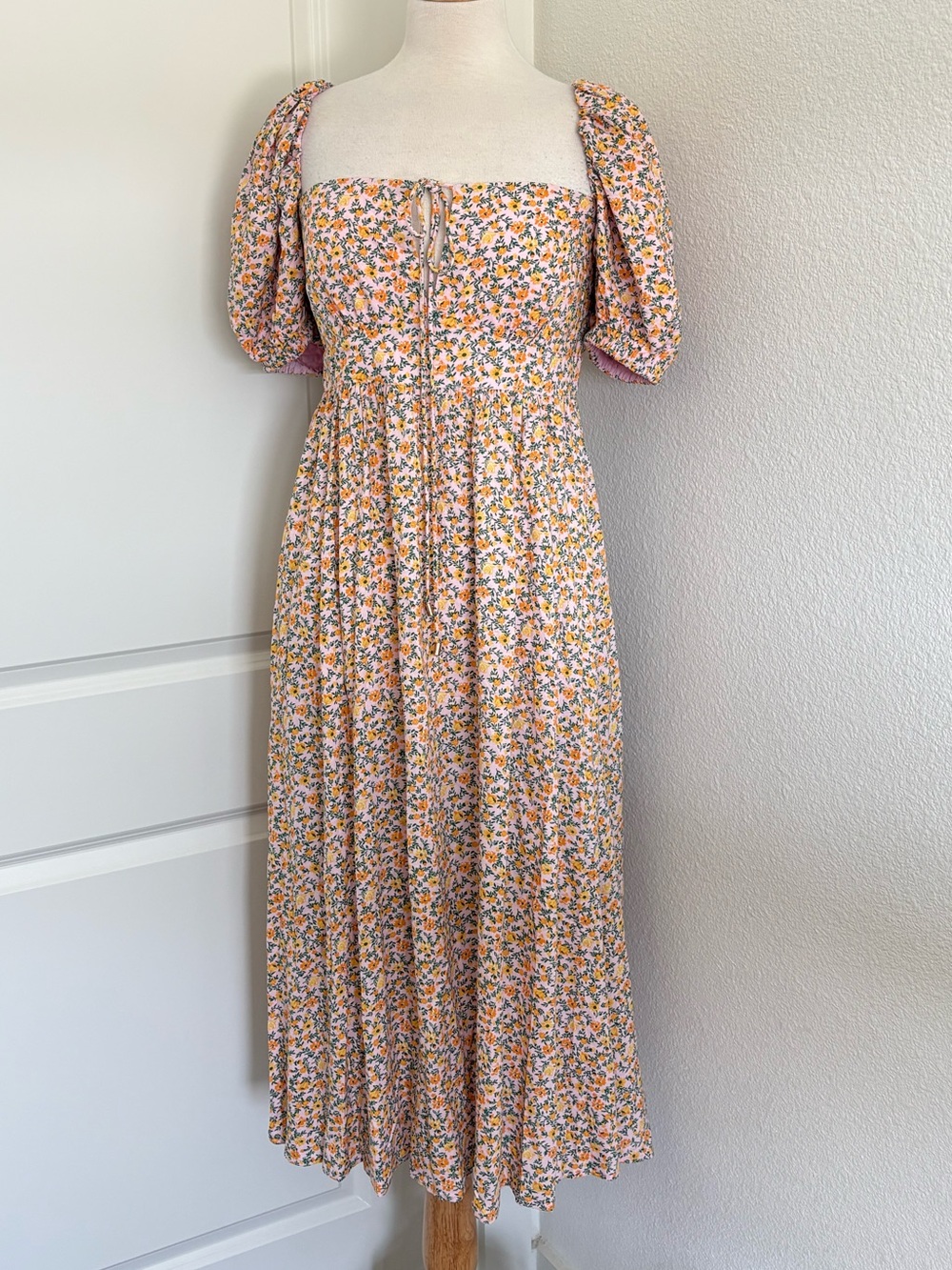 Buddy Love Floral Midi Dress Womens Medium Puff Short Sleeve Front Tie Colorful
